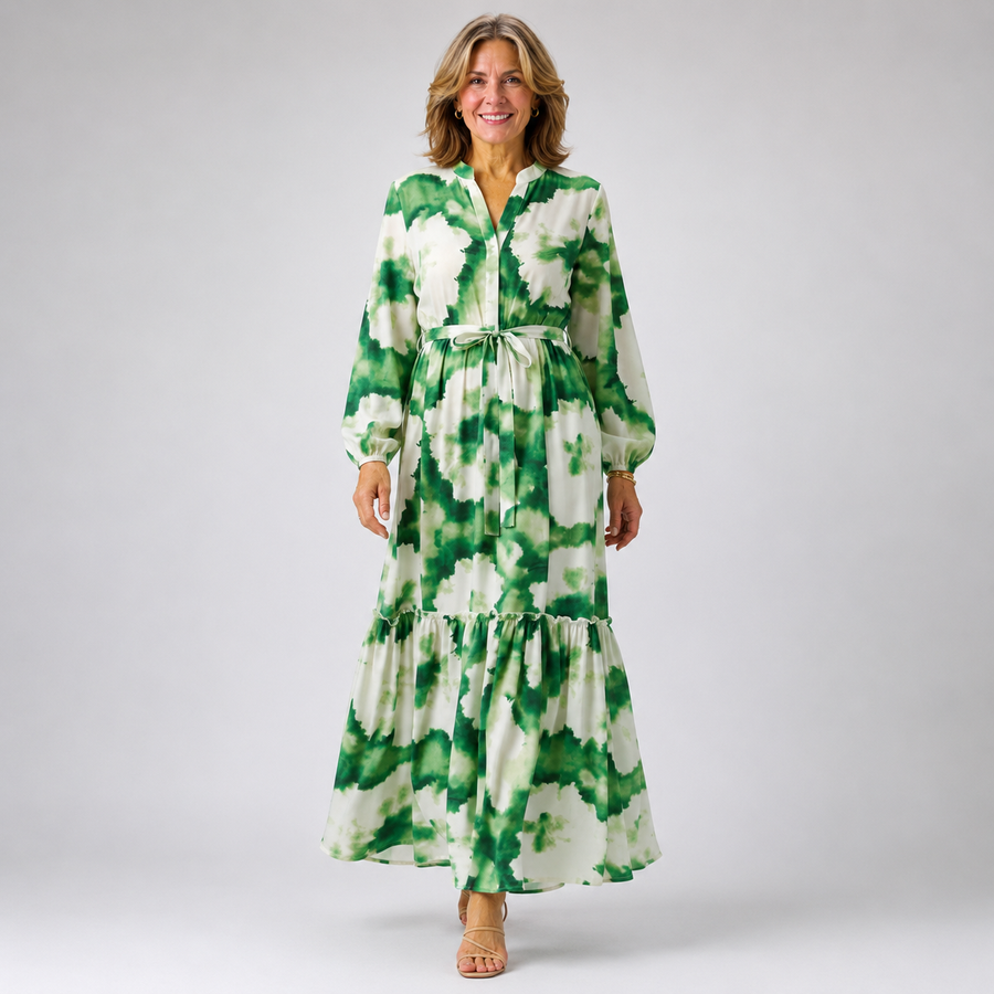 Green floral tie-waist tiered maxi dress with long sleeves and V-neck