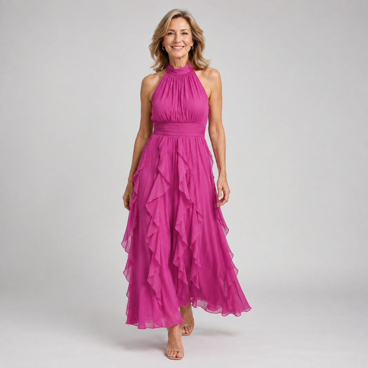 Pink ruffle-layer maxi dress with high halter neckline and tiered skirt