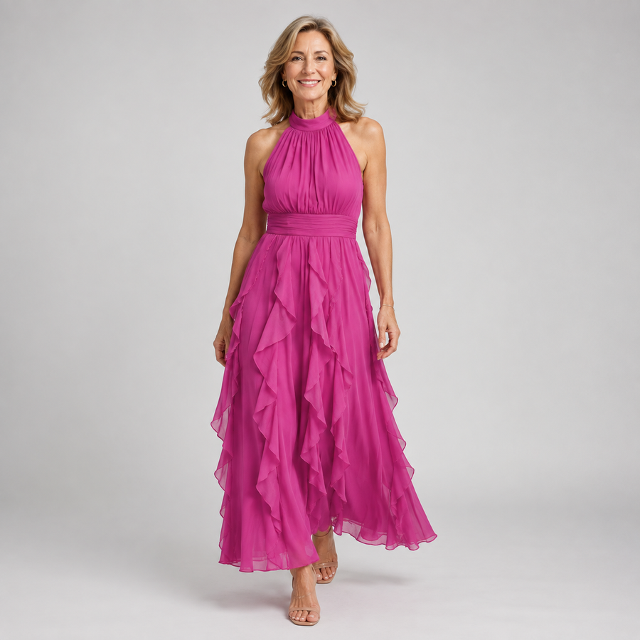 Pink ruffle-layer maxi dress with high halter neckline and tiered skirt