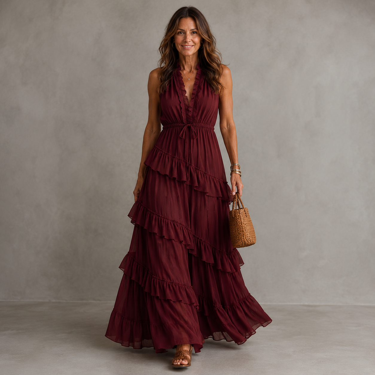 Burgundy sleeveless maxi dress with layered ruffle hem and V-neck bodice
