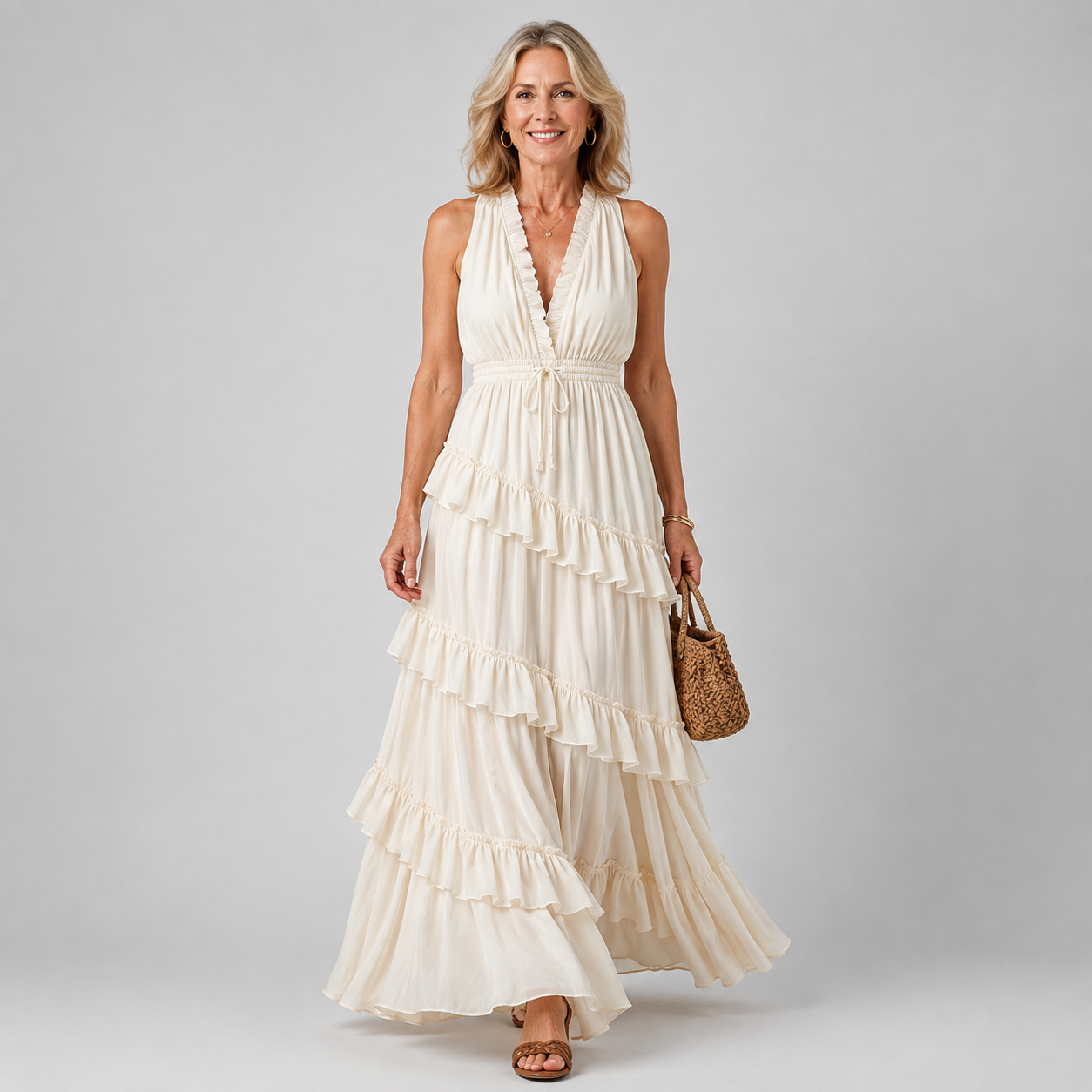 Ivory sleeveless maxi dress with layered ruffle hem and V-neck bodice