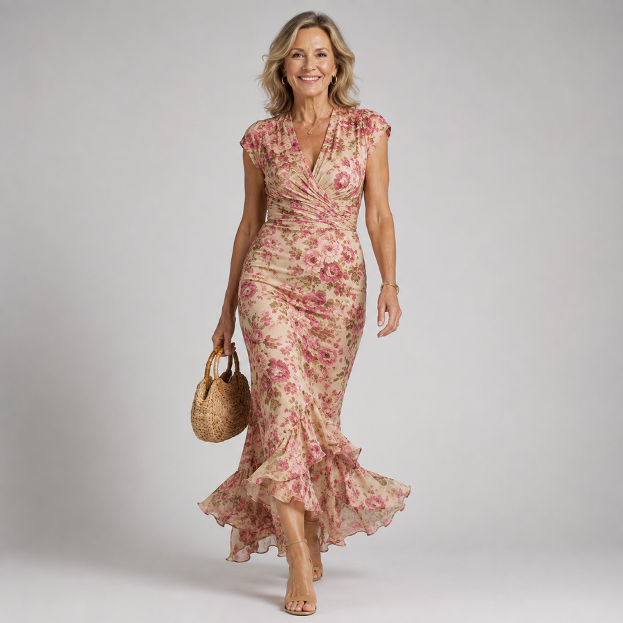 Pink vintage rose print maxi dress, V-neck, cap sleeves, ruched waist, flared hem