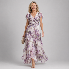 Lavender cold-shoulder floral maxi dress with ruffled tiers and V-neck
