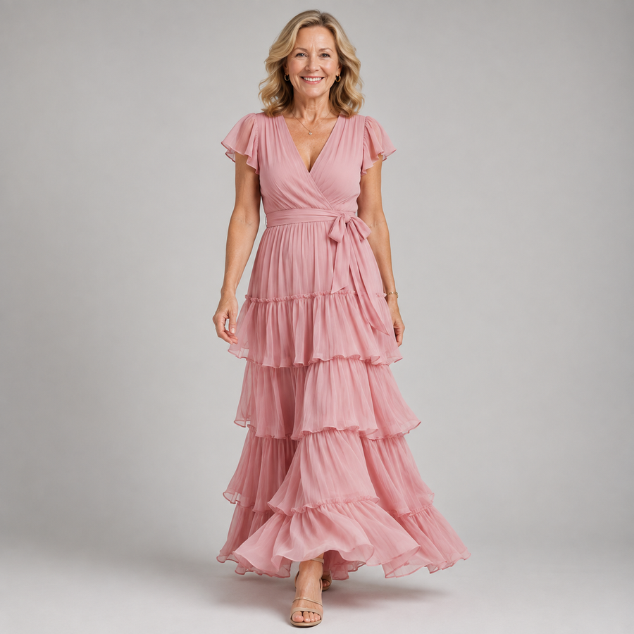 Pink ruffled V-neck tiered maxi dress with tie waist and short flutter sleeves
