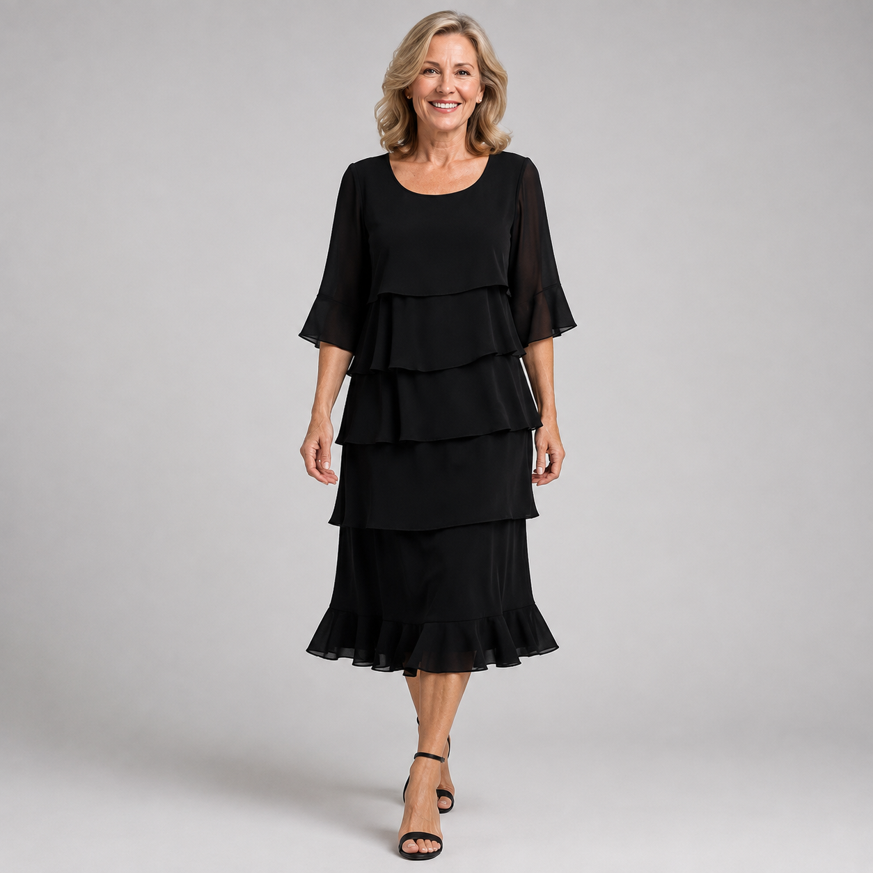 Black ruffle tier dress with layered skirt and elbow-length sleeves