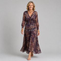 Maxi dress with V-neck and long sleeves, multicolor abstract print, tiered skirt
