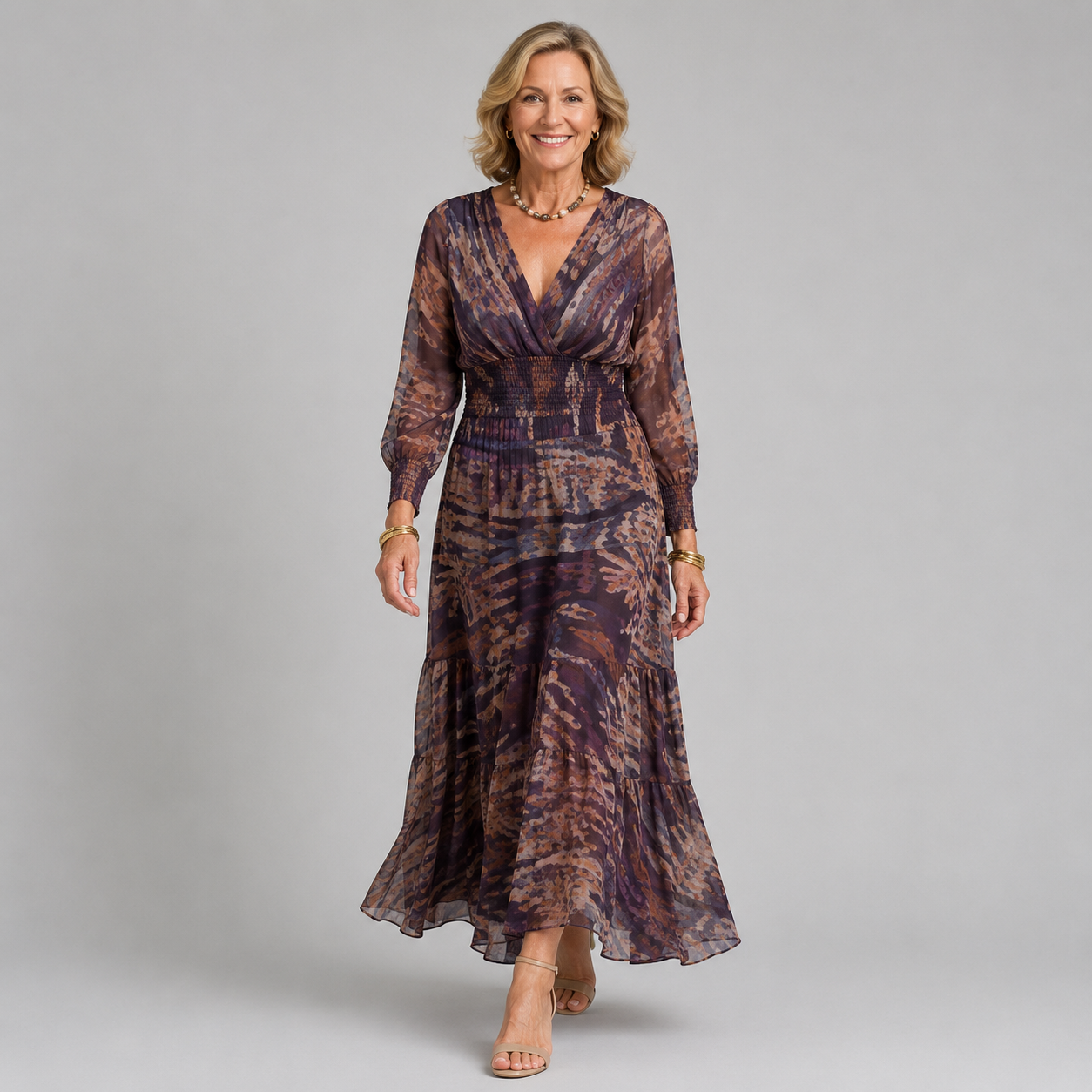 Maxi dress with V-neck and long sleeves, multicolor abstract print, tiered skirt