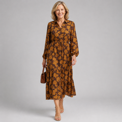 Brown floral midi dress with V-neck, gathered waist, and long sleeves