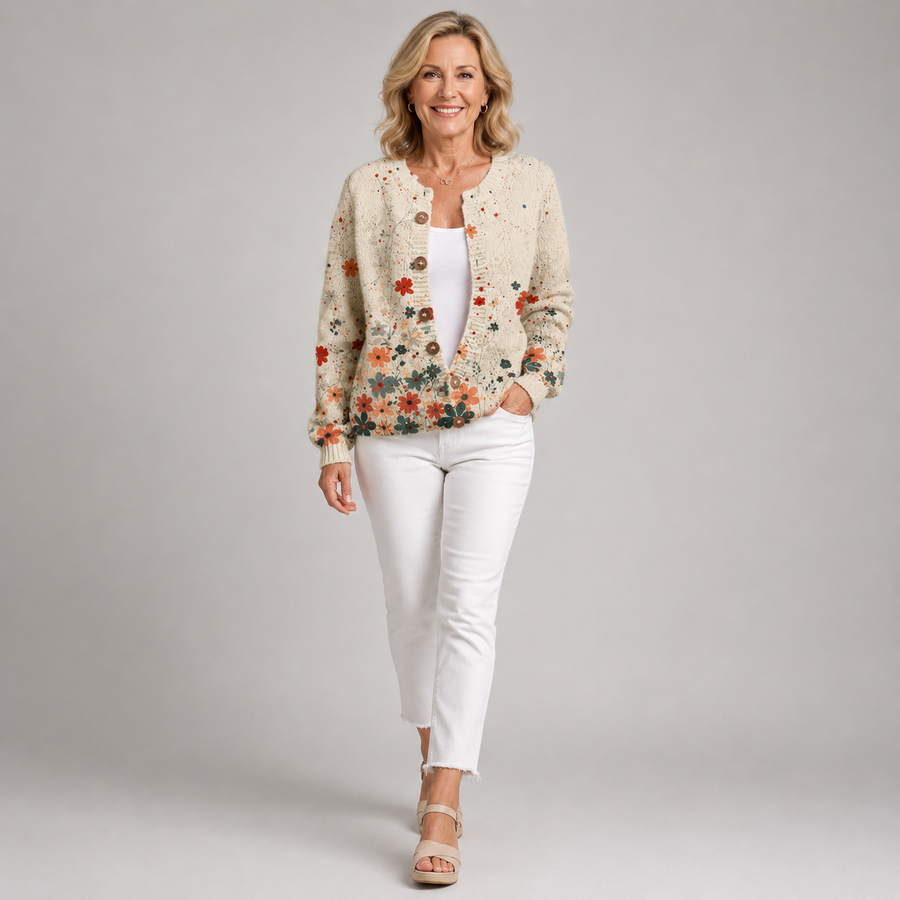 Floral knit cardigan in cream with button-up V-neck and long sleeves