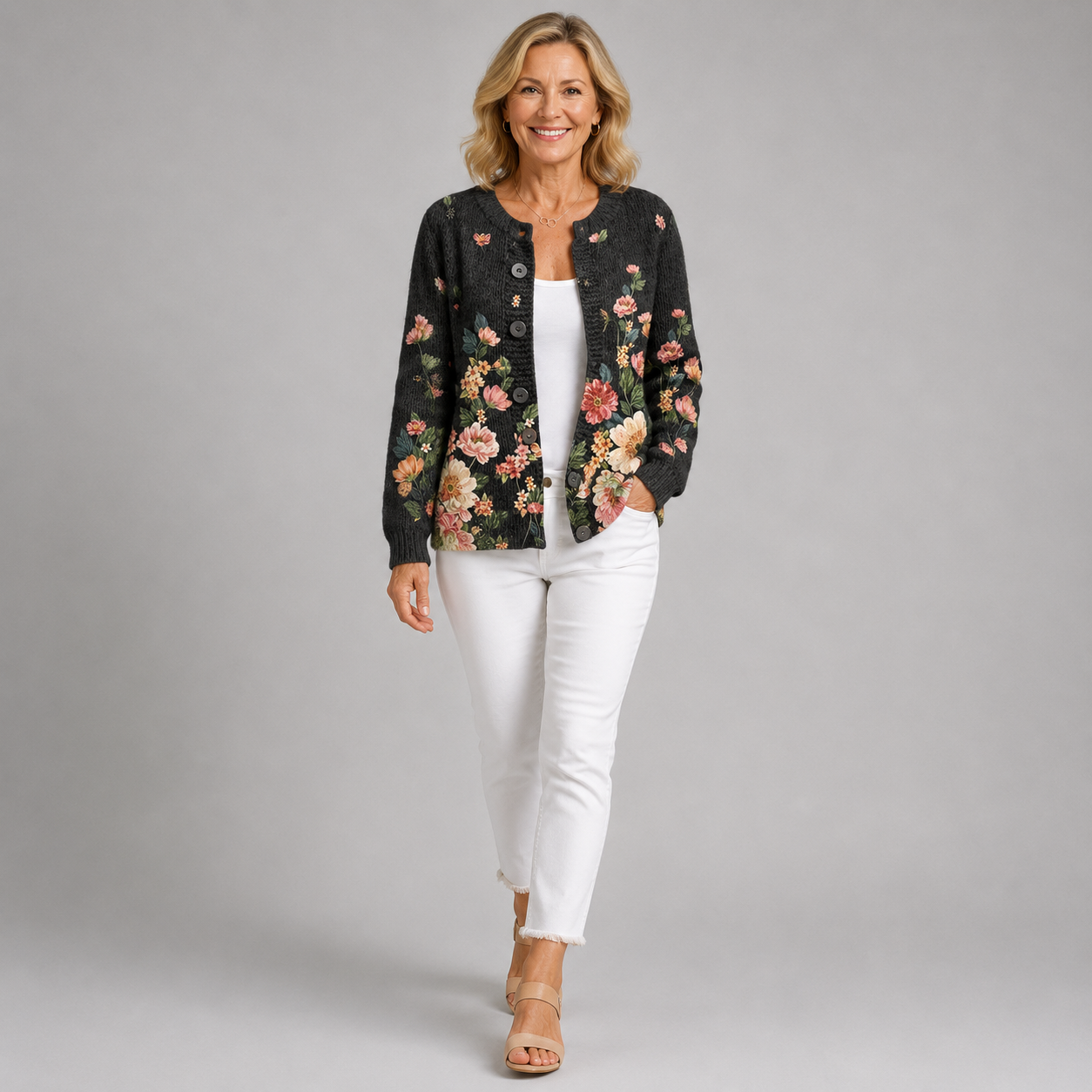 Black vintage floral cardigan with button front, long sleeves, worn with white pants