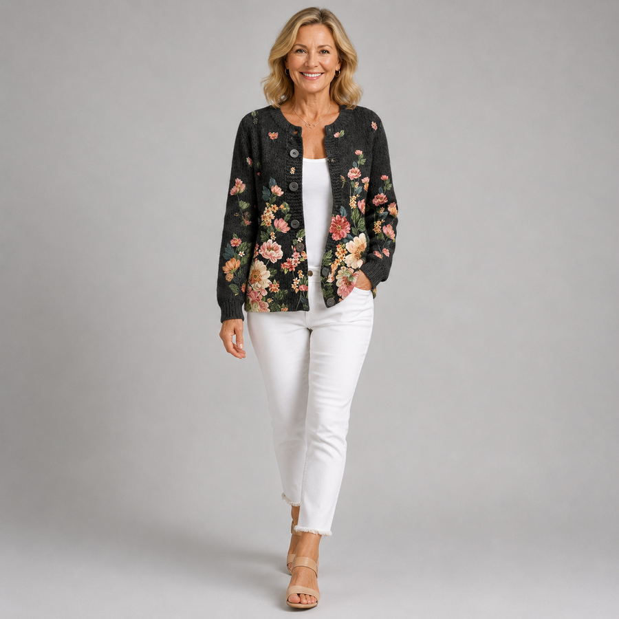 Black vintage floral cardigan with button front, long sleeves, worn with white pants
