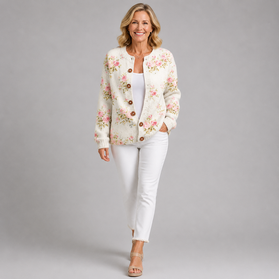 Floral knit cardigan with long sleeves, button front, cream base with pink and green flowers