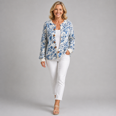 Vintage floral cardigan with button-front and long sleeves, blue-and-white print