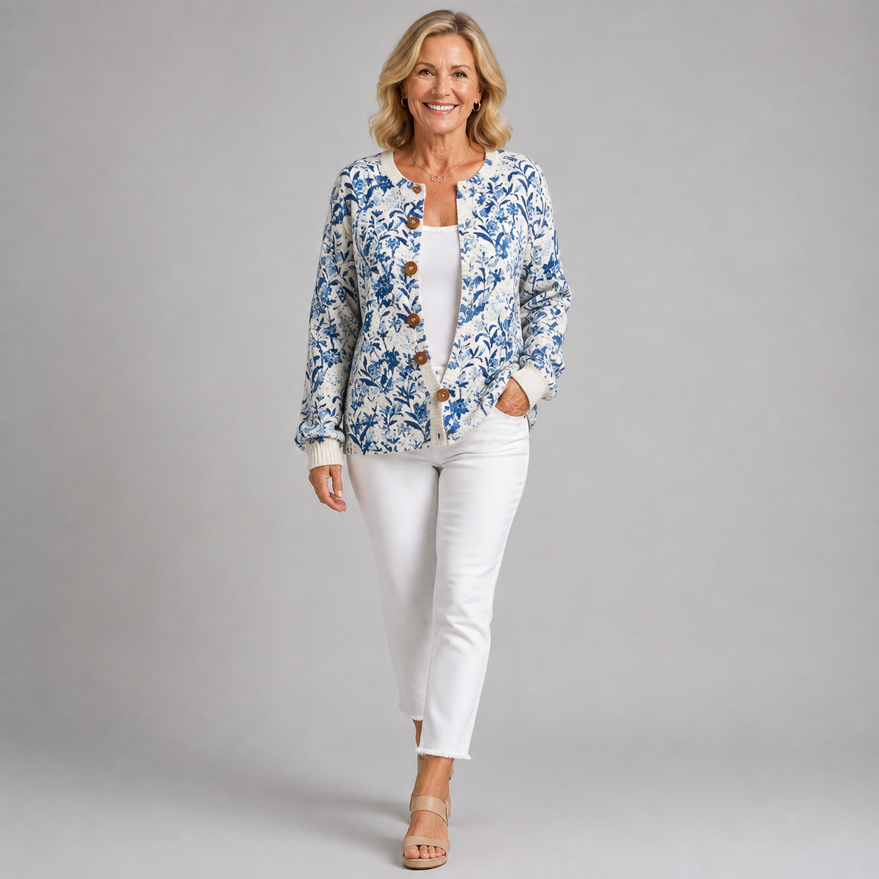 Vintage floral cardigan with button-front and long sleeves, blue-and-white print