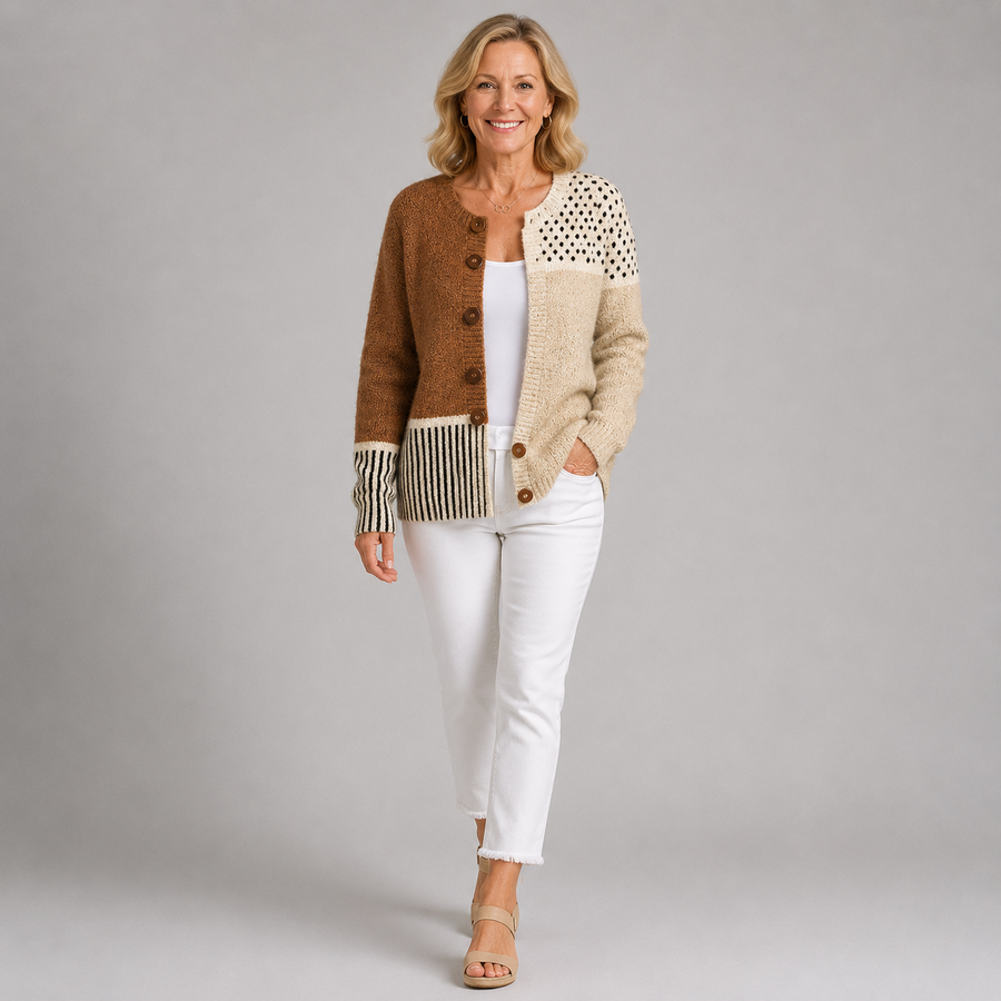 Two-tone vintage knit cardigan sweater, button front, speckled knit panel, striped cuffs