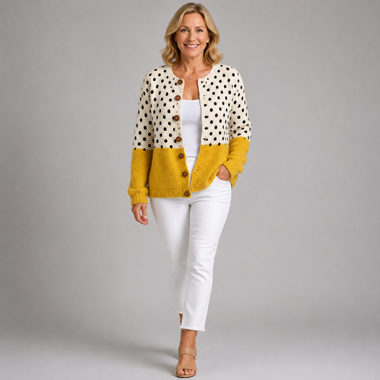 Button-front knit cardigan in cream with black dots and yellow hem/cuffs, V-neck