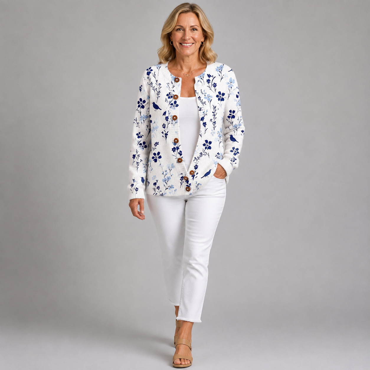 Blue bird and flower print cardigan sweater with button front, long sleeves, V-neck