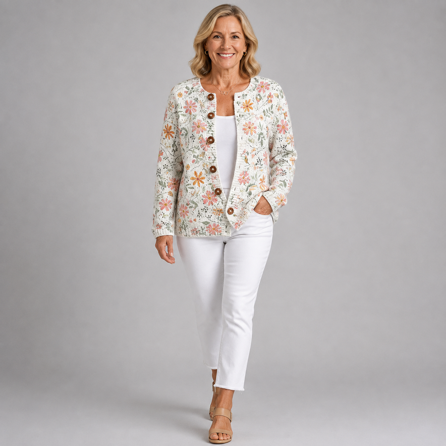Women's floral knit cardigan with button-front, long sleeves, cream base and multicolor blooms