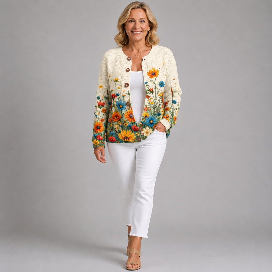 Ivory floral cardigan sweater with brown buttons and colorful flower hem detail