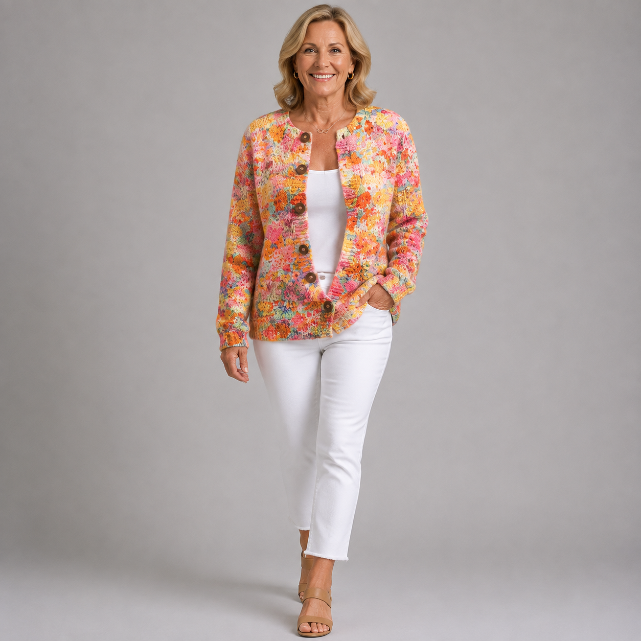 Multicolor knit cardigan sweater with button-up V-neck, long sleeves, and fitted silhouette