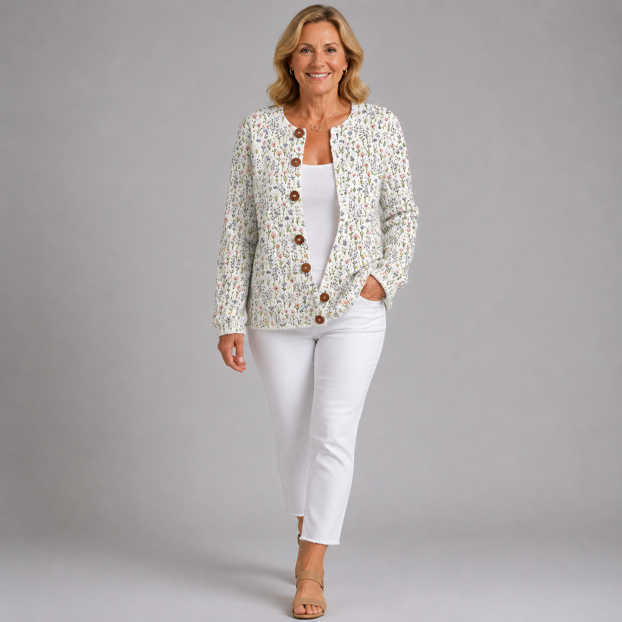 Floral knit cardigan with button-front and long sleeves worn over white pants