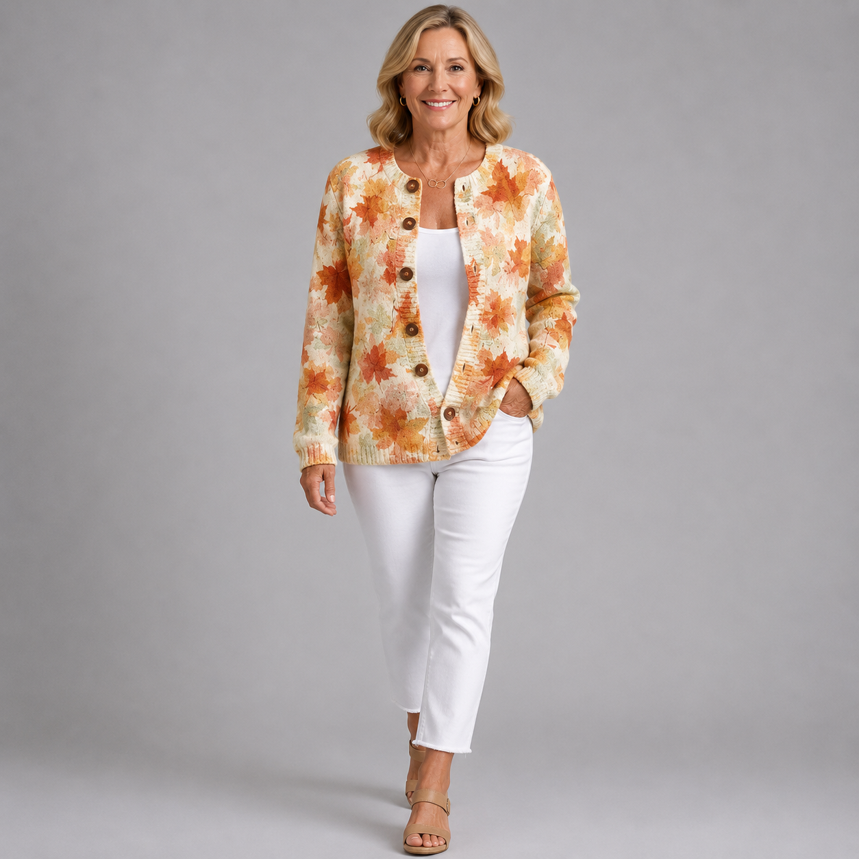 Vintage knit cardigan sweater with orange and cream abstract print, long sleeves