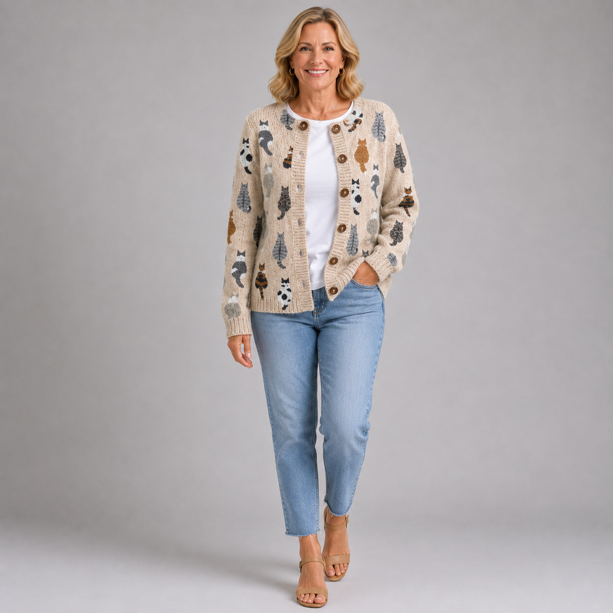 Beige cat print cardigan with button-front, worn with light blue jeans