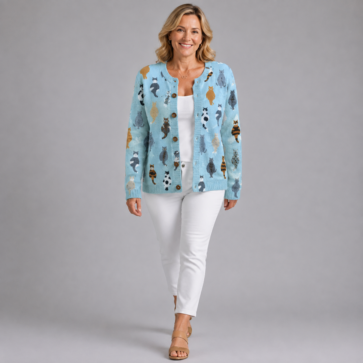 Blue cat print cardigan with button-front V-neck, worn over a white top