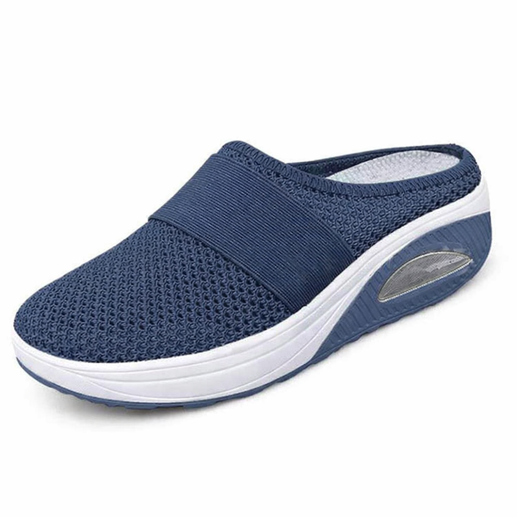 Breathable orthopaedic slip-on mules, navy knit upper with wide strap, cushioned air sole