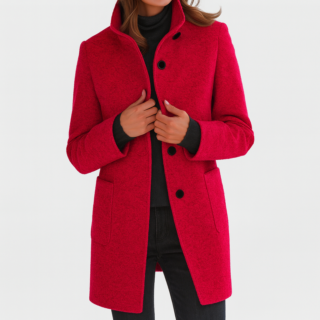 Red wool-blend coat with notch collar, button front, and side pockets