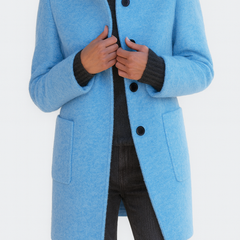 Light blue wool-blend coat with notch collar, button front, and side pockets