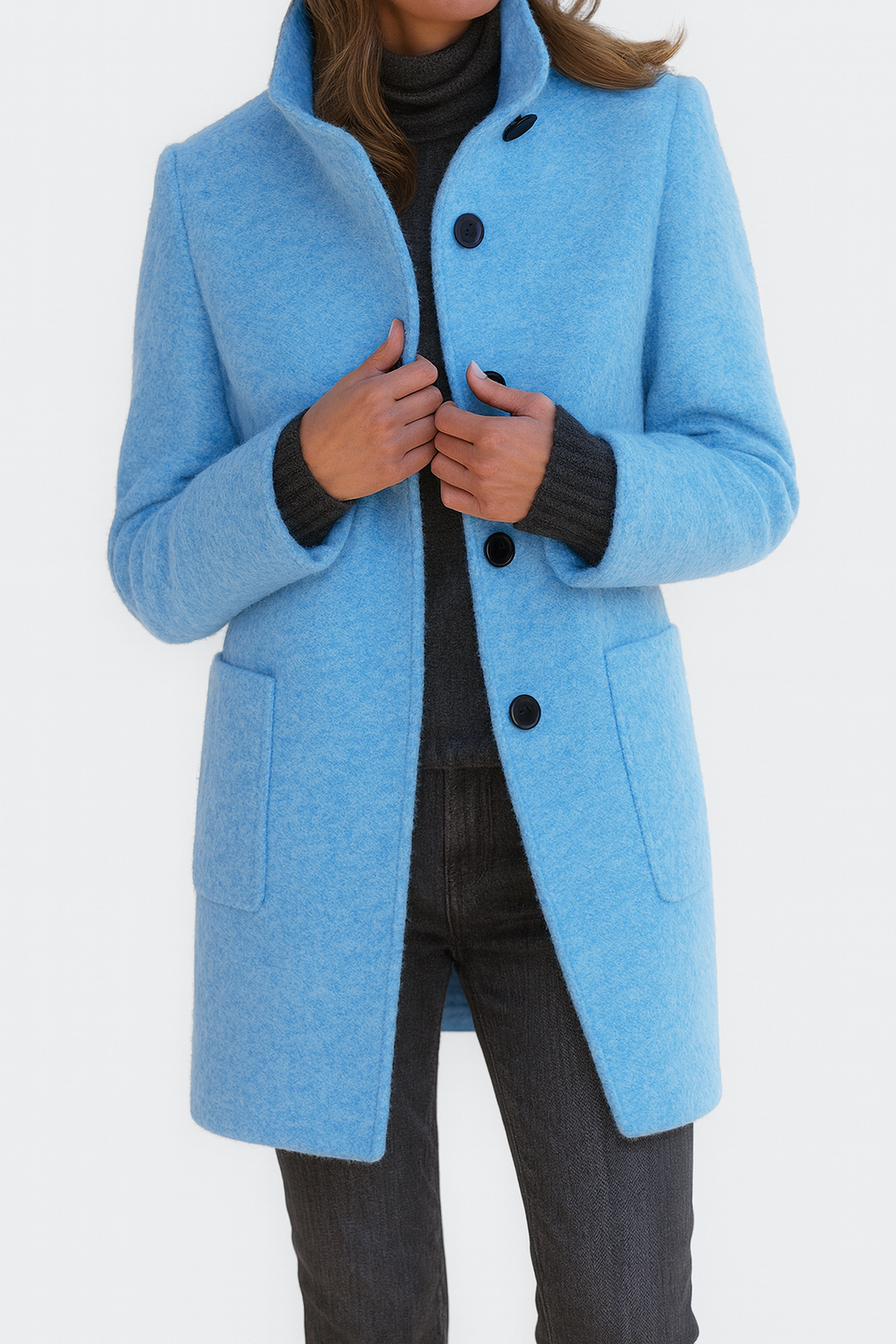 Light blue wool-blend coat with notch collar, button front, and side pockets