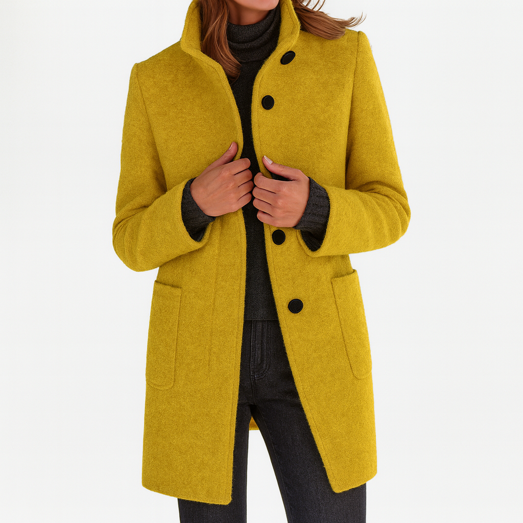 Britt comfortable coat in mustard yellow, long sleeve, button front, side pockets