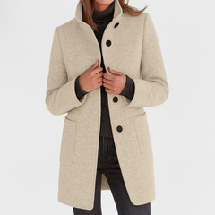 Cream wool-blend coat with notch collar, button front, and side pockets