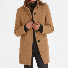 Khaki wool-blend coat with notch collar, button front, and side pockets