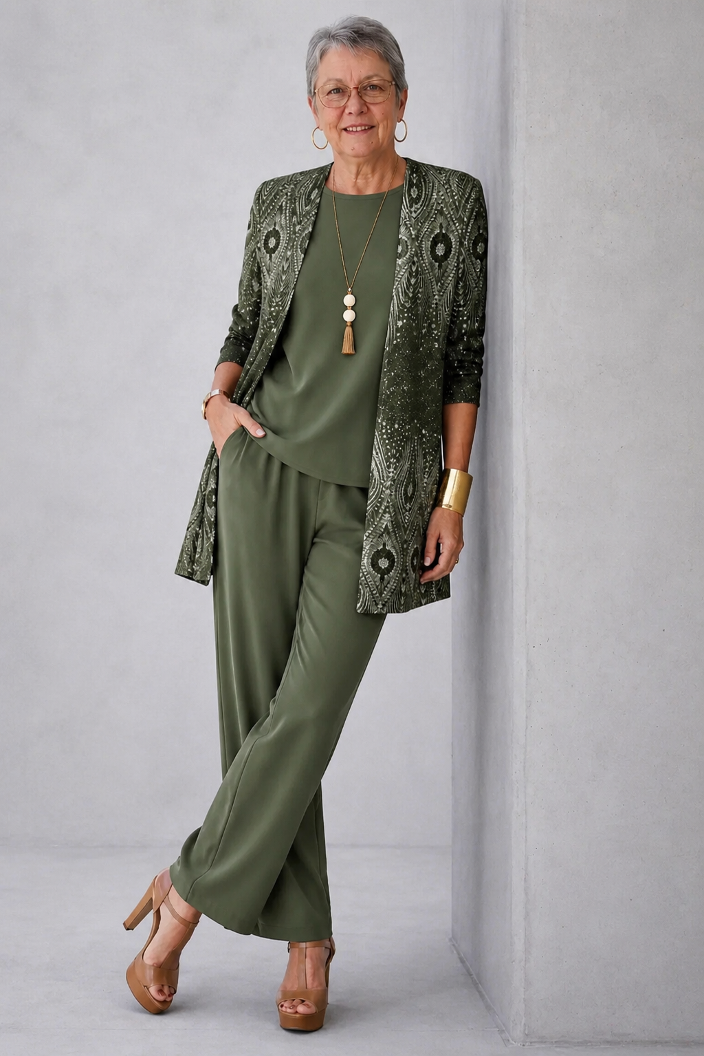 Olive green three-piece trouser set with patterned three-quarter-sleeve jacket and straight pants
