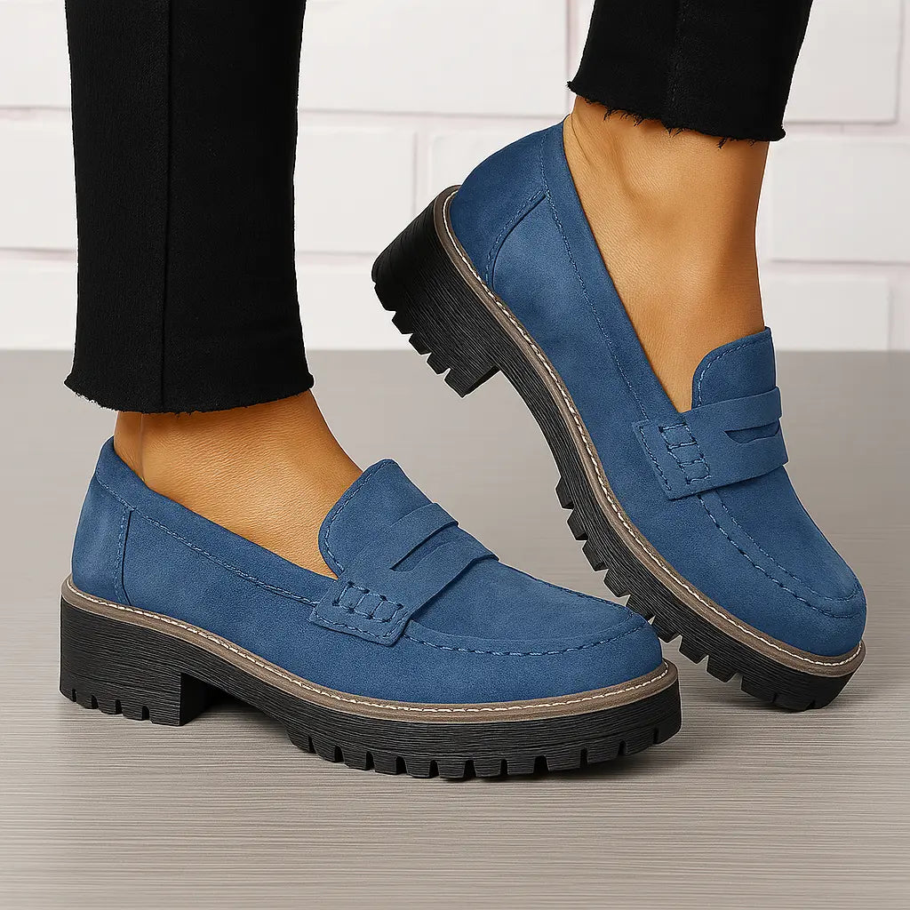 Mocassino comodo ergonomico blu con cinturino, suola spessa con profilo