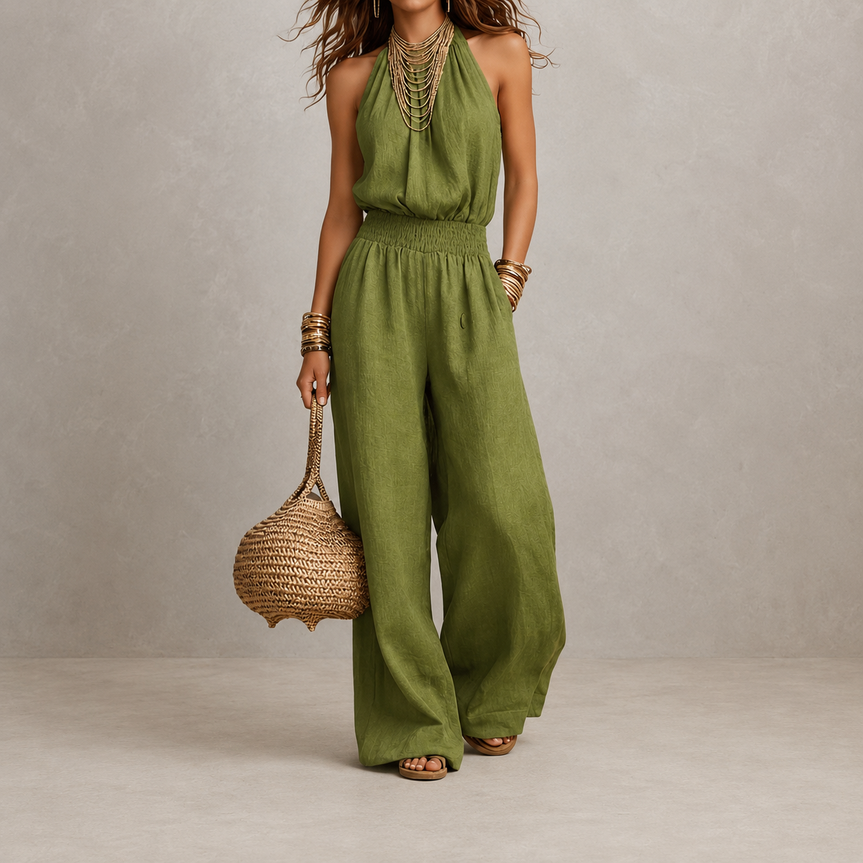 Tuta elegante verde senza maniche, vita arricciata e pantaloni ampi