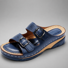 Sandali eleganti blu navy con doppia fibbia nera e suola rialzata