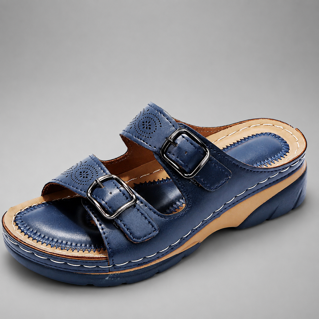 Sandali eleganti blu navy con doppia fibbia nera e suola rialzata