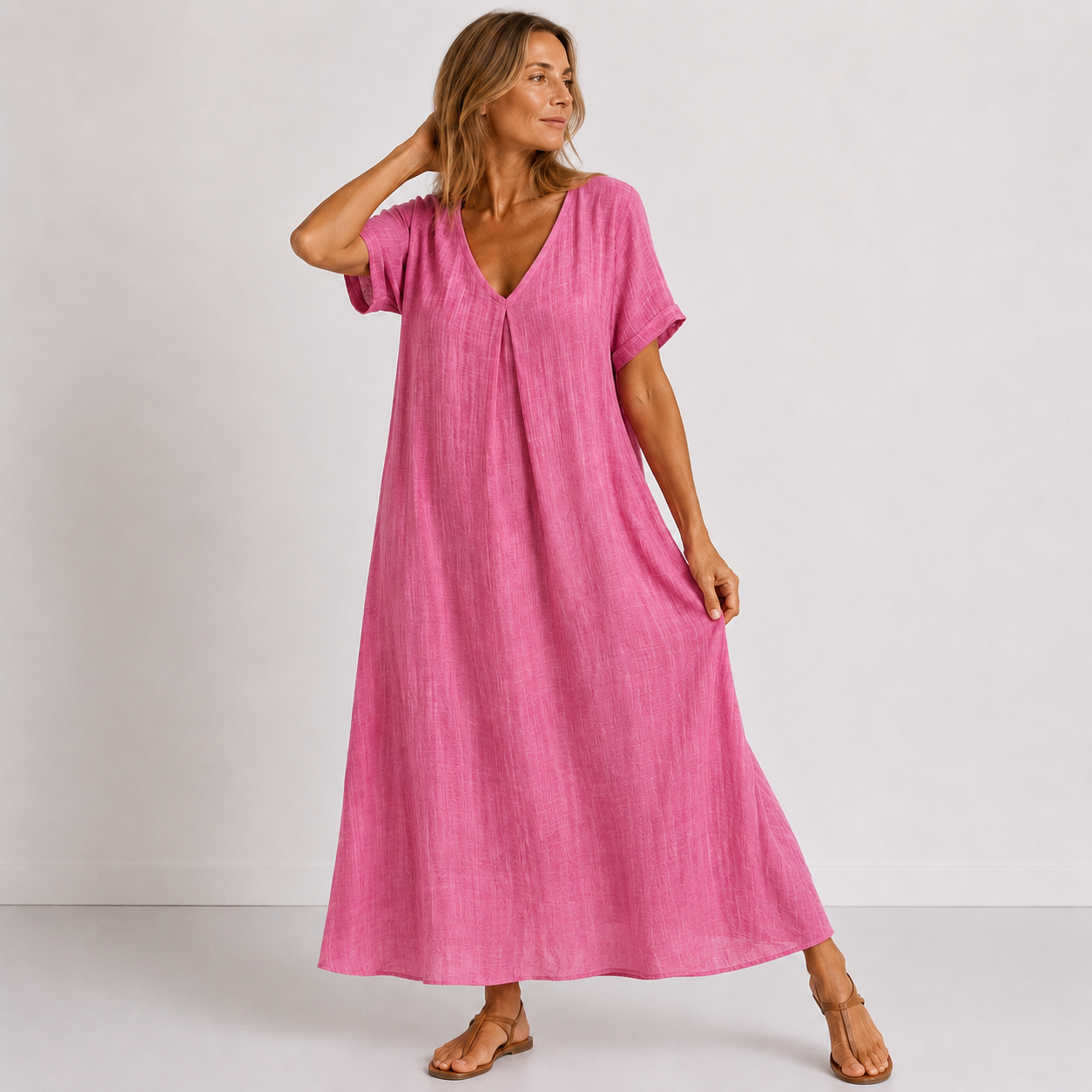 Abito estivo rosa fucsia con scollo a V, maniche corte e gonna svasata