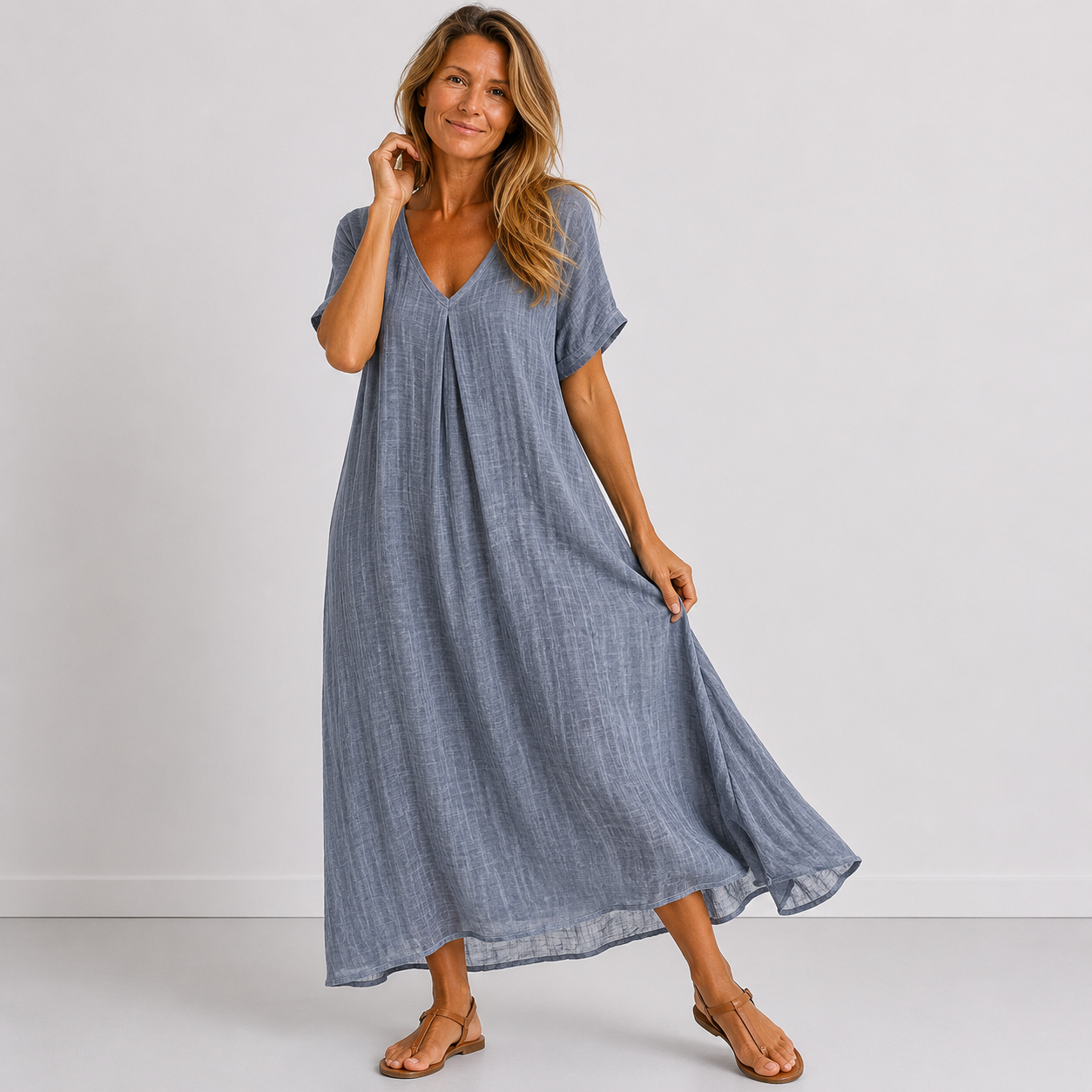 Abito estivo elegante in tessuto blu con scollo a V, maniche corte e gonna ampia