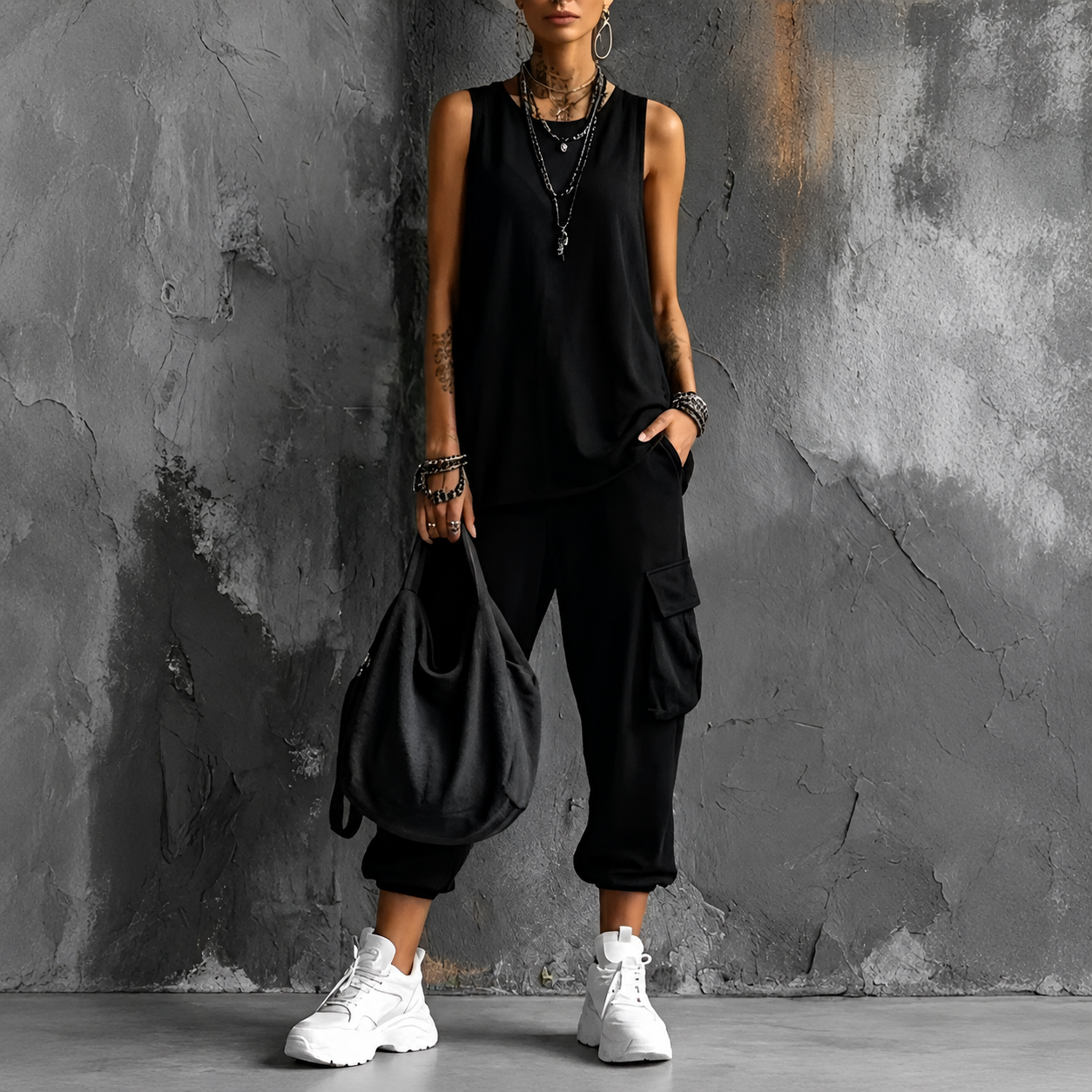 Completo elegante nero: top senza maniche e pantaloni cargo con tasche e pantalone morbido