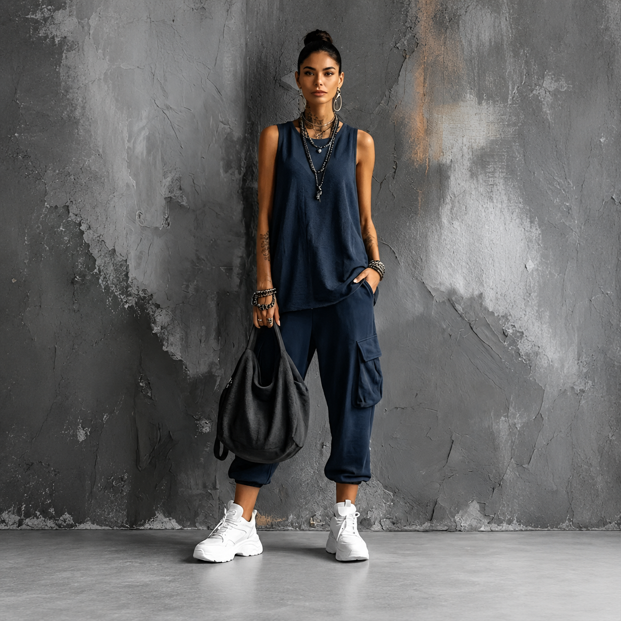 Completo elegante blu scuro: top senza maniche e pantaloni cargo con tasche e coulisse