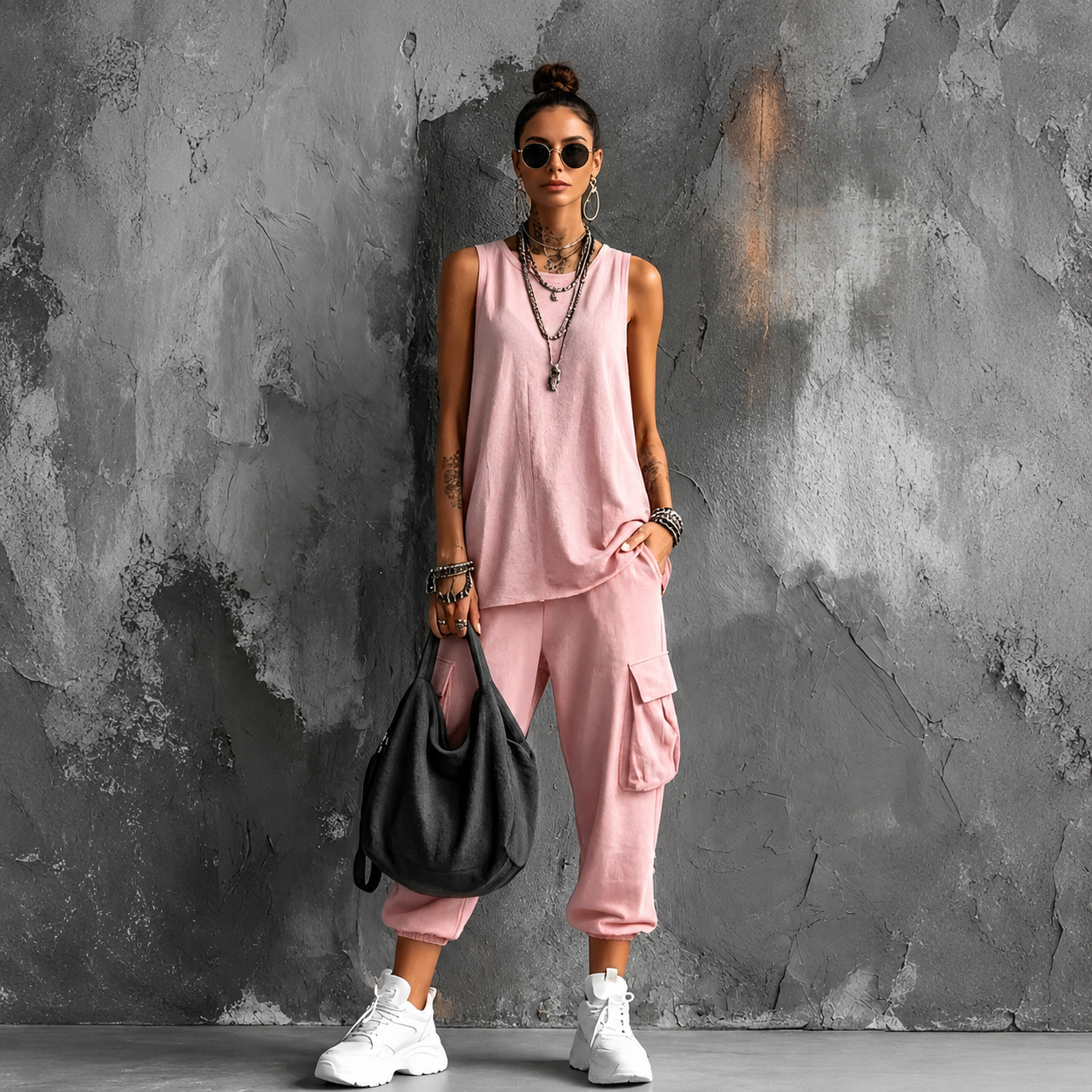 Completo elegante rosa chiaro: top senza maniche e pantaloni cargo con tasca laterale