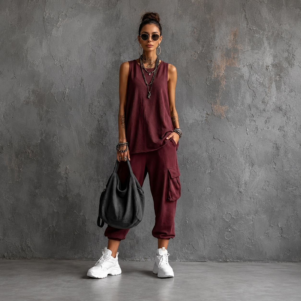 Completo elegante bordeaux: top senza maniche e pantaloni cargo con tasche applicate
