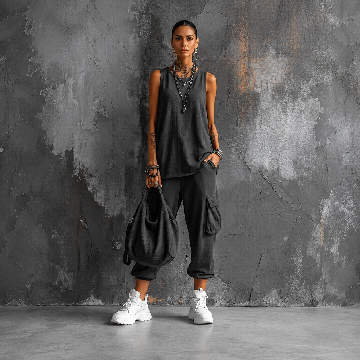 Completo elegante nero: top senza maniche leggero e pantaloni cargo con tasca applicata