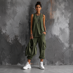 Completo elegante verde oliva: top senza maniche e pantaloni cargo con tasche laterali