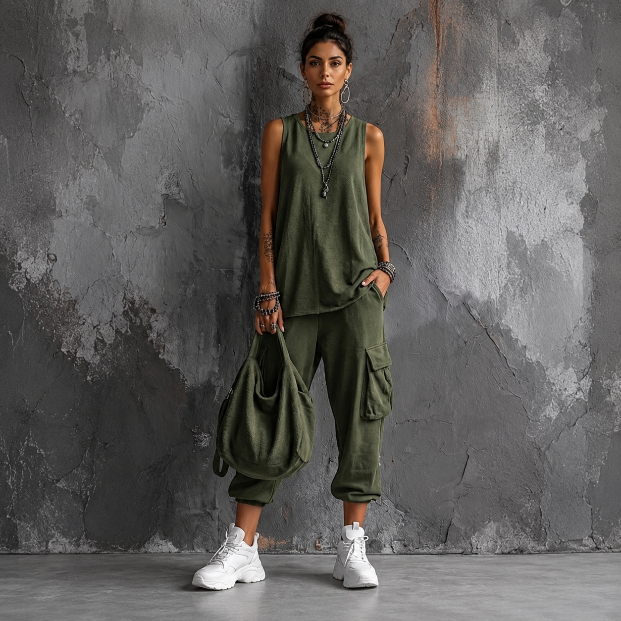 Completo elegante verde oliva: top senza maniche e pantaloni cargo con tasche laterali