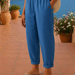 Pantaloni in lino leggeri blu, vita elastica con bottone, fondo alla caviglia